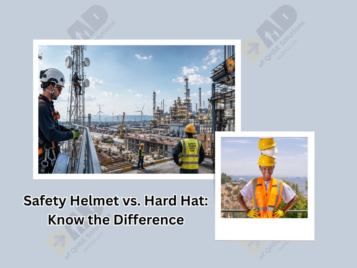 Safety helmets vs. hard hats banner with construction workers highlighting workplace head protection